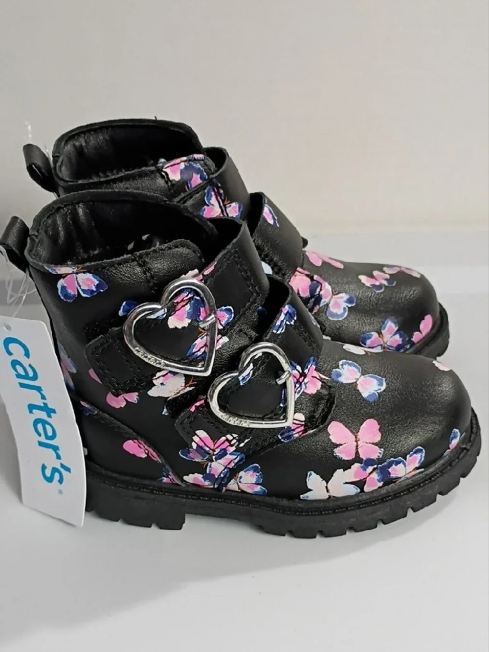 CARTER'S Black Ankle Boots with Heart-Buckles and Pink & Blue Butterflies SIZE 7